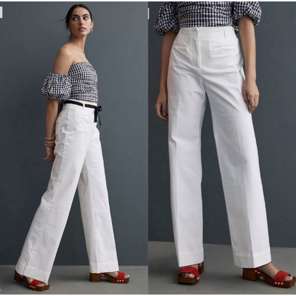 Maeve Anthropologie 70s Flare Pants Womens 14 White Wide Leg Boho Hi-Rise EUC!! - Picture 1 of 10